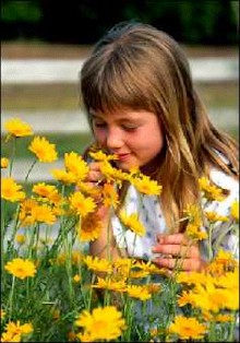 Little girl smelling flowers